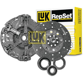 Image of a Sparex S.131159 Clutch Kit with Bearings, featuring an Organic Captive Disc, pressure plate, release bearing, and pilot bearing, with a branded yellow and white packaging box in the background.