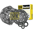 A Sparex Clutch Kit with Bearings - S.146458, including a dual cover type pressure plate, an organic material clutch disc, and release bearings, is displayed in front of its branded packaging. Ideal for Ford/New Holland T3010.