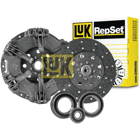 A clutch kit with multiple components, including a pressure plate, clutch disc, and bearings, featuring the LUK Captive Disc technology, displayed in front of a yellow and white Sparex branded RepSet box. The product is named Clutch Kit with Bearings - S.146541.