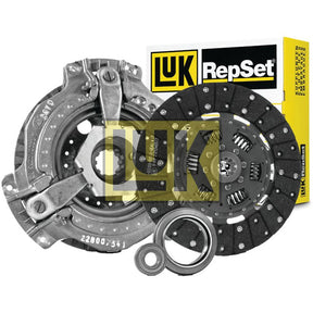 A Sparex Clutch Kit with Bearings - S.146547, which includes a pressure plate, organic captive disc, release bearing, and pilot bearing, is displayed in front of the product packaging.