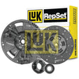 Close-up image of a Sparex Clutch Kit with Bearings - S.146575 featuring an organic captive disc, pressure plate, friction disc, and release bearings, with the kit's packaging box in the background.