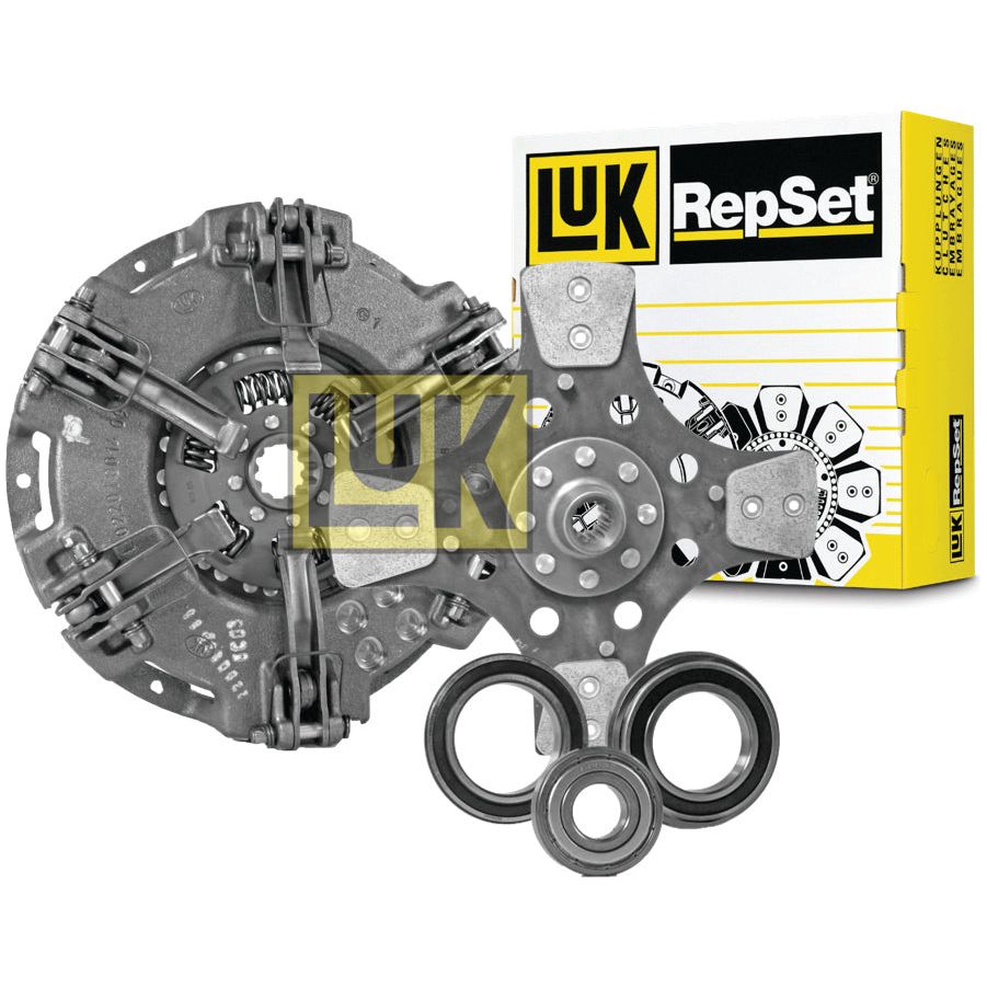 The automotive Clutch Kit with Bearings - S.146593 from Sparex includes various metal parts such as a pressure plate and bearings, along with a Cerametallic Disc, all neatly packaged in a yellow and black Luk RepSet branded box in the background.