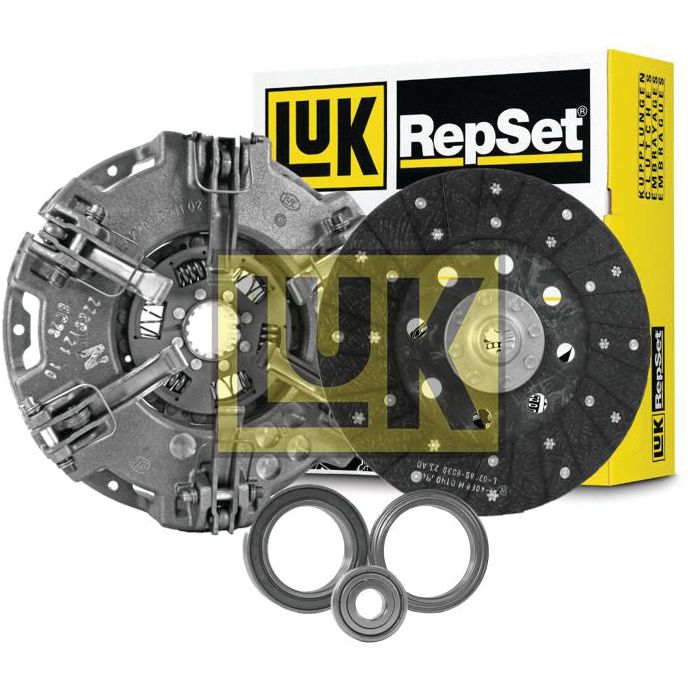 Image of a Sparex Clutch Kit with Bearings - S.146605, featuring a pressure plate, organic disc, and release bearings, displayed with the product box.
