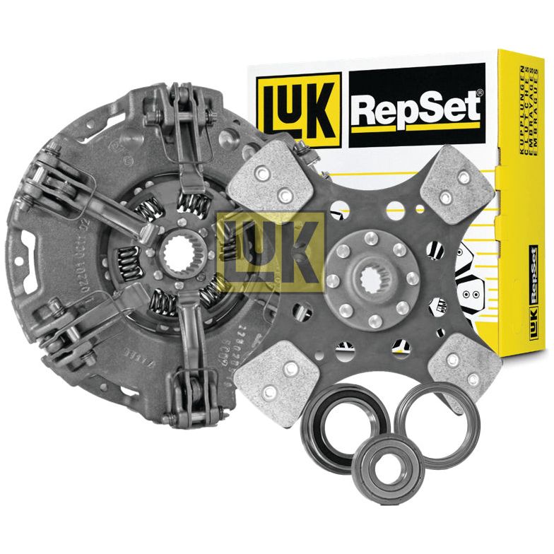 The Sparex Clutch Kit with Bearings - S.146613 is shown with an assortment of components such as a cast iron pressure plate, dual cover clutch disc, and cerametallic bearings. The packaging box is also visible in the background.