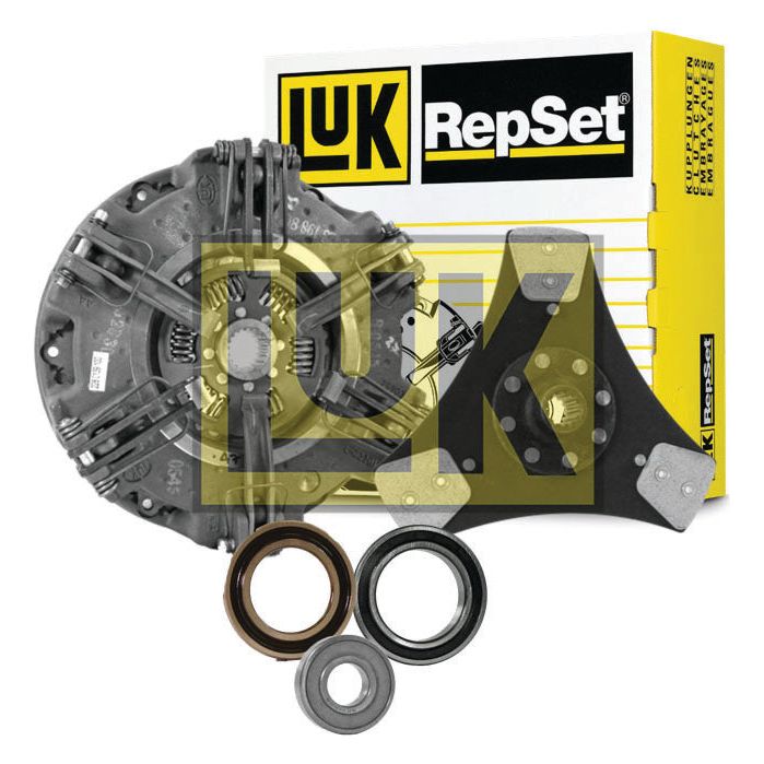 Sparex's Clutch Kit with Bearings - S.146622 features various components, including multiple metal parts, rings, and comes in a packaging box. The kit includes a Cerametallic Disc and may feature a Cast Iron Housing for enhanced durability.