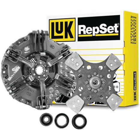 Image of a Sparex Clutch Kit with Bearings - S.146642, featuring a pressure plate, clutch disc, and three bearings, displayed in front of a branded yellow and white box. This dual cover kit is suitable for Claas NECTIS tractors and includes a cerametallic captive disc material.