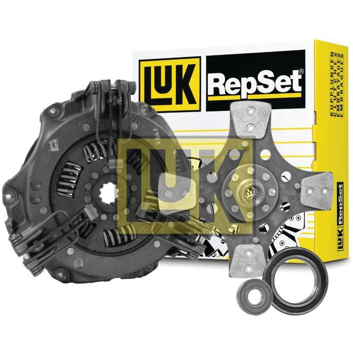 The LUK RepSet clutch kit components, including a pressure plate, Cerametallic Disc, and bearings, are displayed with the packaging of Sparex's Clutch Kit with Bearings - S.146665 in the background.