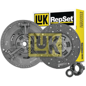 Image of a Sparex Clutch Kit with Bearings - S.146676 consisting of a flywheel, clutch disc, pressure plate, and release bearing, placed in front of a Sparex branded box with details on cover size.