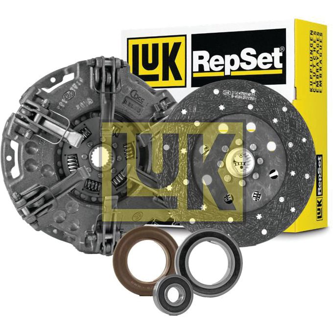 The Sparex Clutch Kit with Bearings - S.146680 includes a pressure plate, clutch disc, release bearing, and various other components, all showcased in front of its packaging box. This comprehensive kit features a durable cast iron housing for enhanced reliability.