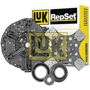 A Sparex Clutch Kit with Bearings - S.146690 featuring a dual cover, clutch disc, pressure plate, release bearing, and assembly components against the product packaging.