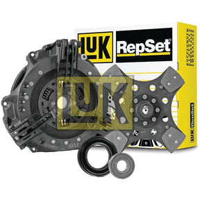 A Sparex Clutch Kit with Bearings - S.146693, featuring a cast iron clutch pressure plate, cerametallic loose disc, release bearing, and associated components, with the product box in the background.