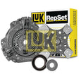 Image of a Sparex Clutch Kit with Bearings - S.146705 set featuring a cerametallic loose disc, clutch disc, pressure plate, release bearing, and alignment tool, with a branded Sparex box in the background.