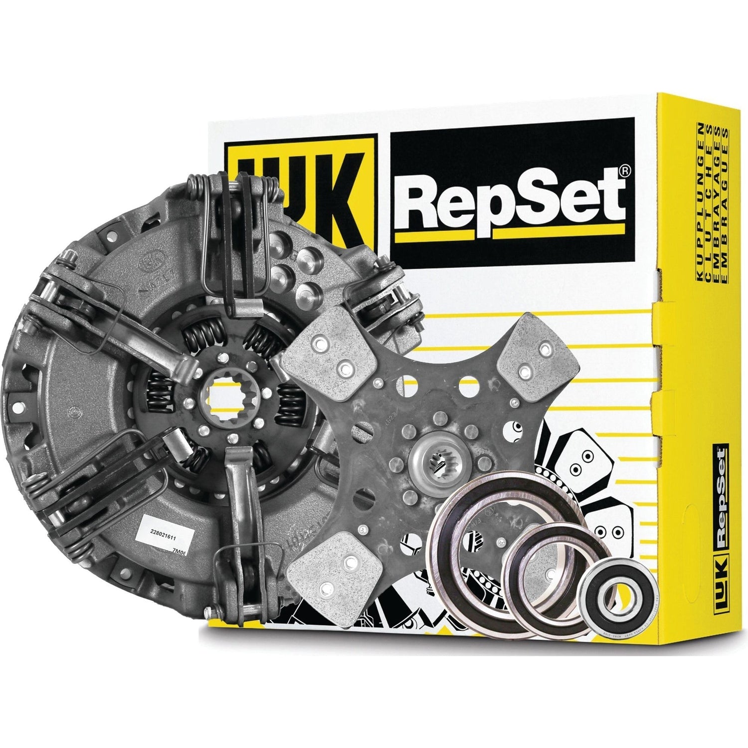 A Sparex Clutch Kit with Bearings - S.146719 is displayed in front of its packaging, featuring a Cerametallic clutch plate, release bearing, and various hardware components.