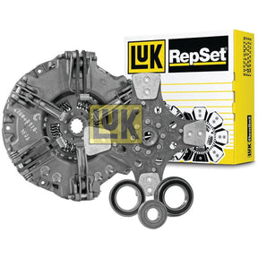 Sparex Clutch Kit with Bearings - S.146758, featuring a cerametallic clutch plate, release bearing, and accompanying parts, displayed in front of the product's packaging box.