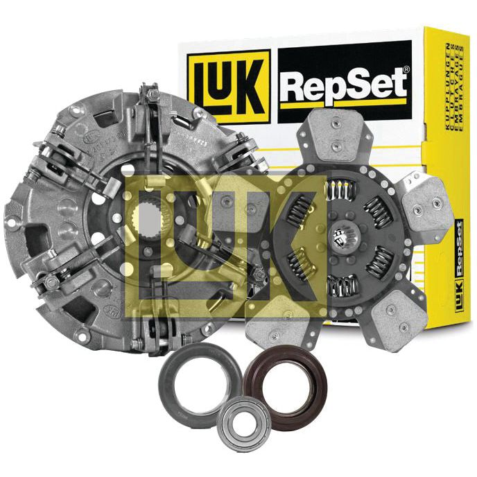 Image of a Sparex Clutch Kit with Bearings - S.146774, featuring a pressure plate, organic disc, release bearing, and pilot bearing, displayed with the product packaging in the background.