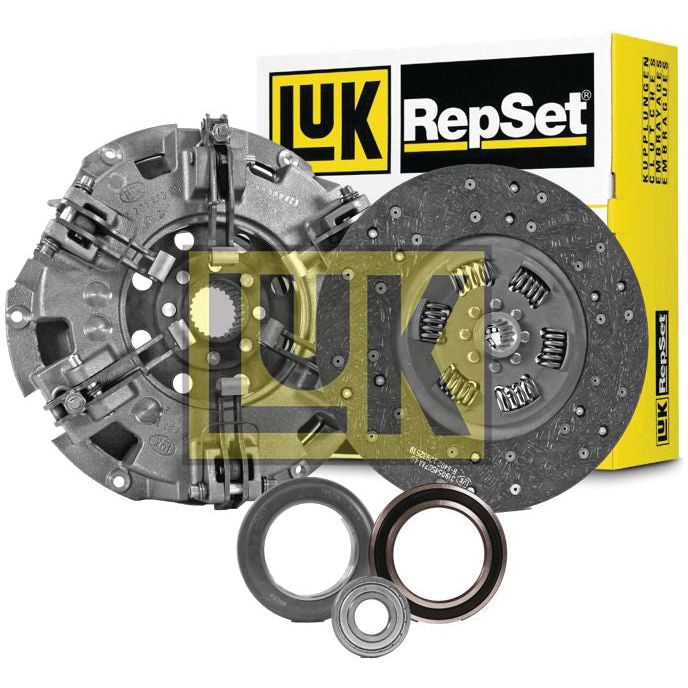 A clutch kit with bearings, product number S.146777 by Sparex, includes a pressure plate, organic captive disc, and bearing set arranged in front of its yellow and white LUK RepSet packaging box.