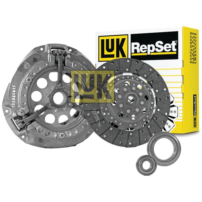 A clutch kit with various components, including a clutch disc, pressure plate, and release bearings, is shown in front of a yellow and black Luk RepSet branded box. This Sparex Clutch Kit with Bearings - S.146817 features an organic loose disc for enhanced performance.