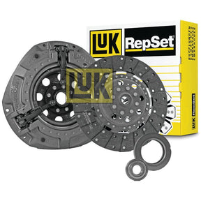 An image depicting a Sparex Clutch Kit with Bearings - S.146836, which includes an organic disc, clutch cover, and release bearing, showcased in front of the product's distinctive yellow and white branded packaging.