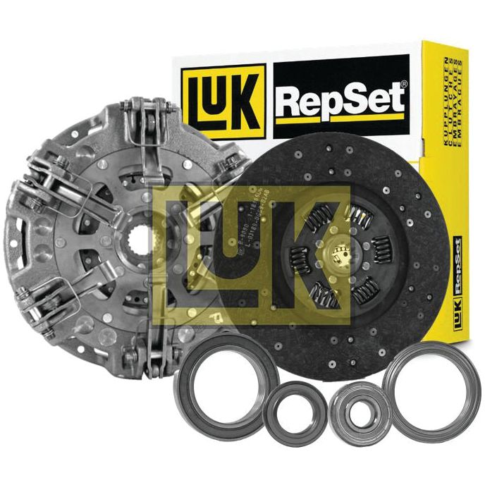 The Sparex Clutch Kit with Bearings - S.146842, featuring an organic captive disc, a pressure plate, and various bearings, displayed alongside its branded packaging.