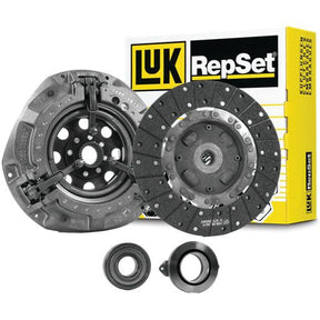 Sparex Clutch Kit with Bearings (S.146846) is shown in front of its packaging, featuring a durable cast iron housing along with a friction disc, pressure plate, and release bearings.