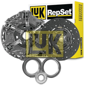 Image of a Sparex Clutch Kit with Bearings - S.146854, featuring a Dual Cover pressure plate, Organic Captive Disc, and release bearings, with the packaging box visible in the background. Ideal for Mercedes Benz MB TRAC models.