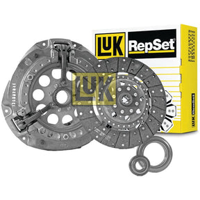 A Sparex Clutch Kit with Bearings - S.146881, featuring a single cover and high-quality cast iron components, displayed in front of its branded yellow and white packaging. The kit includes a pressure plate, clutch disc, and release bearings.