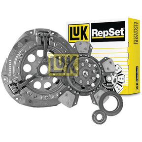 The Sparex Clutch Kit with Bearings - S.146887, featuring a pressure plate, clutch disc, release bearing, and cover size 300mm cast iron components in front of the product packaging box.