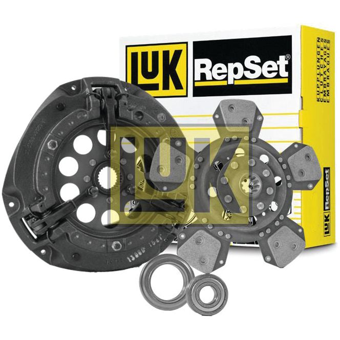 The Sparex Clutch Kit with Bearings - S.146892 includes a pressure plate, clutch disc, and release bearings encased in durable cast iron housing, all presented against a yellow and black box in the background.