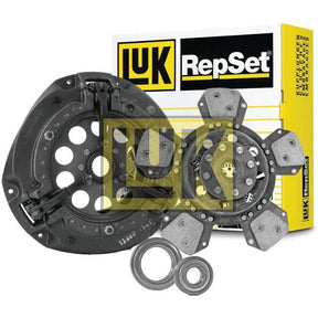 The Clutch Kit with Bearings - S.146893 by Sparex, featuring a cerametallic clutch disc along with the pressure plate and release bearing, with packaging in the background.