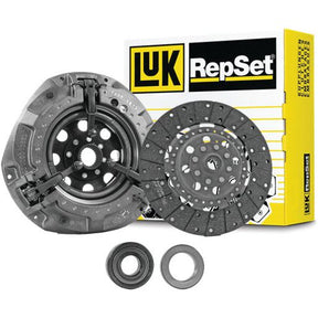 The Sparex Clutch Kit with Bearings - S.146897, featuring a pressure plate, organic material clutch disc, and release bearings, all displayed in front of the product packaging.