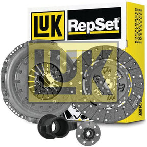 Image of a Sparex Clutch Kit with Bearings - S.146963, featuring a clutch cover, torsion sprung disc, and release bearing, displayed in front of a yellow and black box with the LuK logo.