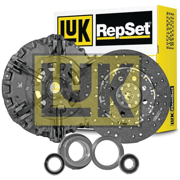 Image of a Sparex Clutch Kit with Bearings - S.147233, featuring a pressure plate, clutch disc, and release bearings in front of the product's branded packaging box. Ideal for Fendt FARMER models and available in various cover sizes to fit your needs.
