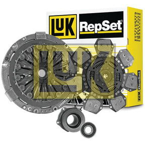 A Clutch Kit with Bearings - S.147241, featuring various components such as a pressure plate, friction disk, and release bearing, prominently displayed in front of the Sparex packaging showcasing an LUK clutch cover.