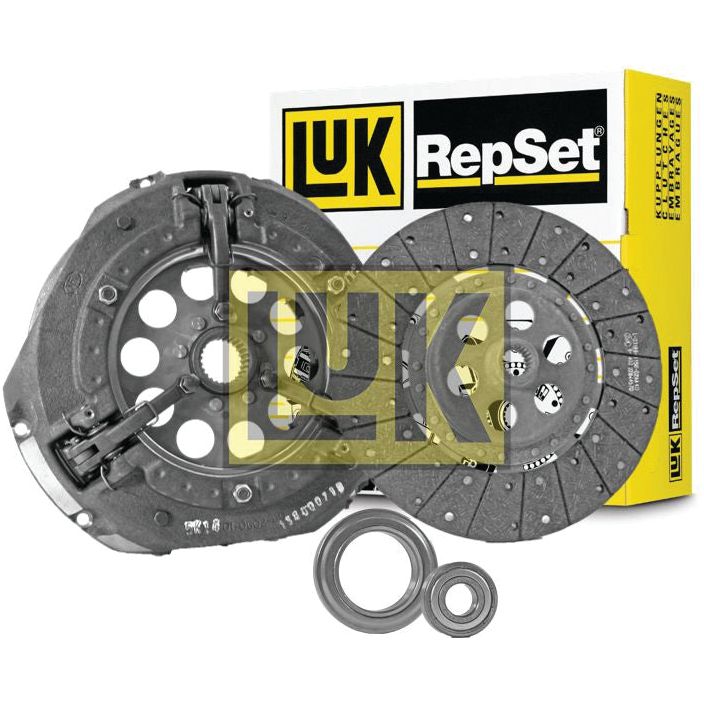 Sparex Clutch Kit with Bearings - S.147249, featuring a pressure plate, cerametallic disc, and release bearings, positioned in front of a box labeled "LUK RepSet.