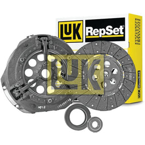 Image of a Sparex Clutch Kit with Bearings - S.147250, featuring a pressure plate, clutch disc, and release bearing made with durable cast iron, with product packaging visible in the background.
