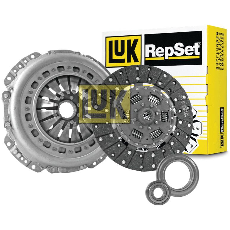 Sparex Clutch Kit with Bearings - S.147255 comprises a 330mm cover size single cover, clutch disc, pressure plate, release bearing, and pilot bearing. The organic loose disc ensures reliability, and the kit is presented with yellow and white branded packaging in the background.