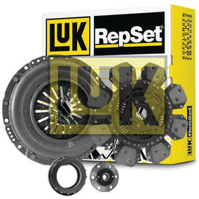 A boxed Sparex Clutch Kit with Bearings - S.147292 showcasing its components, including a clutch disc with dual segment cushion, pressure plate, release bearing, and alignment tool, against yellow and black branded packaging.