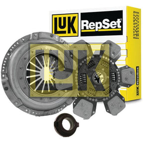 Image of a Sparex Clutch Kit with Bearings - S.147296 featuring a pressure plate, clutch disc, and release bearing with the Sparex Cover and branded packaging in the background.