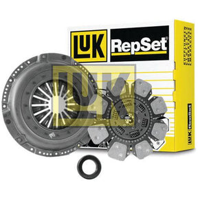 Image of a Sparex Clutch Kit with Bearings - S.147328, featuring its components including a single cover pressure plate, clutch disc, and release bearing, displayed in front of the packaging box.