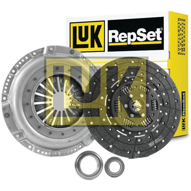 Sparex Clutch Kit with Bearings - S.147349 featuring a pressure plate, clutch disc, and two bearings, all neatly arranged against the packaging box in the background. The single cover design ensures easy installation and optimal performance for various cover sizes.