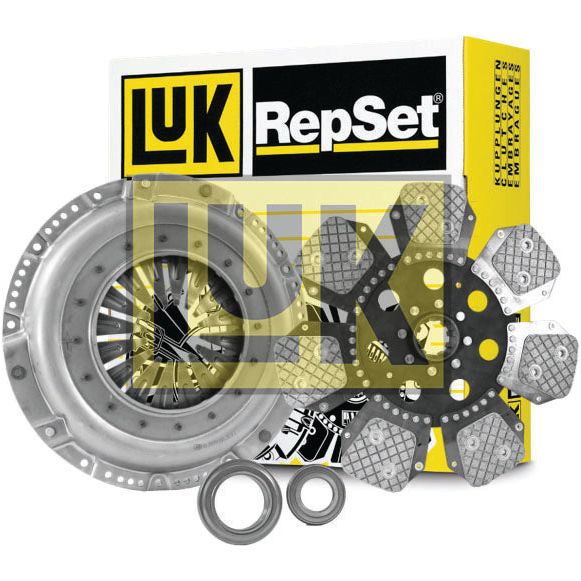 A Sparex Clutch Kit with Bearings - S.147357, featuring a 350mm single cover pressure plate, clutch disc, release bearing, and pilot bearing, displayed with packaging in the background.