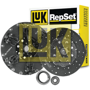 Clutch Kit with Bearings - S.154045 by Sparex, featuring essential components like a clutch disc, pressure plate, and bearings, displayed in front of a yellow and black branded box. Ideal for Zetor tractors with dual cover systems.