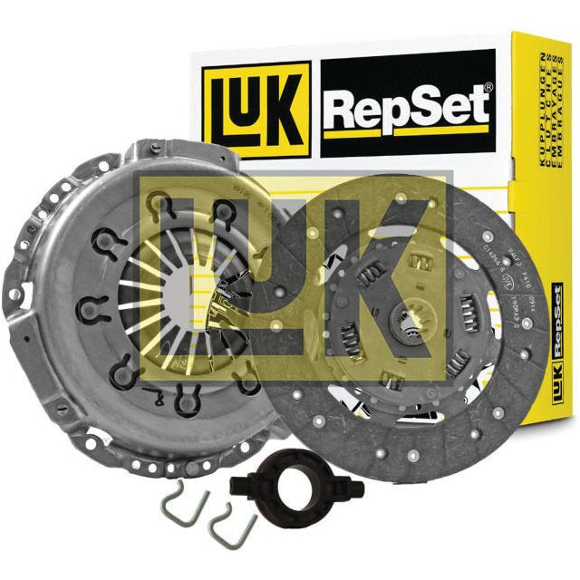 The components of the Clutch Kit with Bearings – S.156499 by Sparex, including the pressure plate, clutch disc, and release bearing, are displayed in front of a yellow and black LUK RepSet packaging box, providing clear insights into their technical specifications.