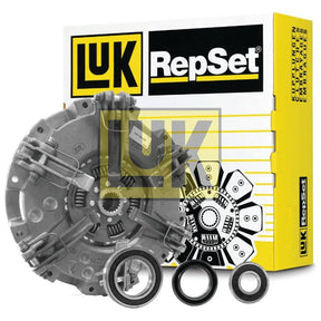 The Sparex Clutch Kit with Bearings - S.156737, featuring a pressure plate, clutch disc, and release bearings, positioned in front of a branded yellow and white box. Ideal for various cover types.