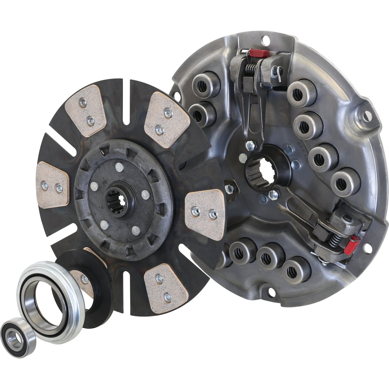 A disassembled Sparex Clutch Kit with Bearings - S.72795, featuring a pressure plate, Cerametallic Captive Disc, and two transmission bearings arranged on a white background.