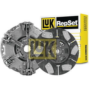 A clutch kit containing a pressure plate and an organic material clutch disc, displayed in front of a yellow and white Luk RepSet branded box, although this version does not include the release bearing and is known as Clutch Kit without Bearings - S.146565, by Sparex.