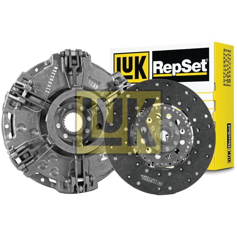 A Sparex clutch kit without bearings (S.146851) featuring an Organic Captive Disc and precision-engineered pressure plate is showcased in front of the product packaging. The metallic, perforated components gleam, while the package proudly displays the Sparex branding.