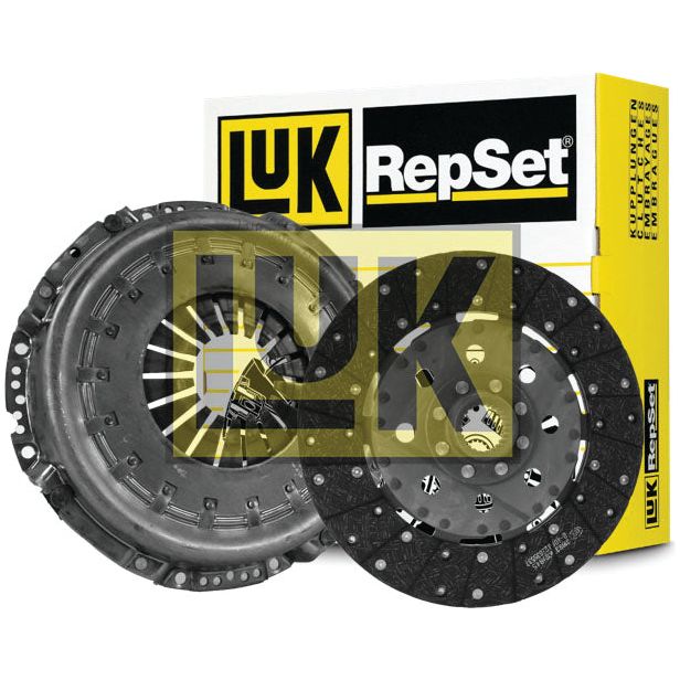 A Sparex Clutch Kit without Bearings - S.146937 box with a pressure plate and clutch disc displayed in front. The new components, housed in a pressed steel housing, are shown in a sleek product advertisement style.