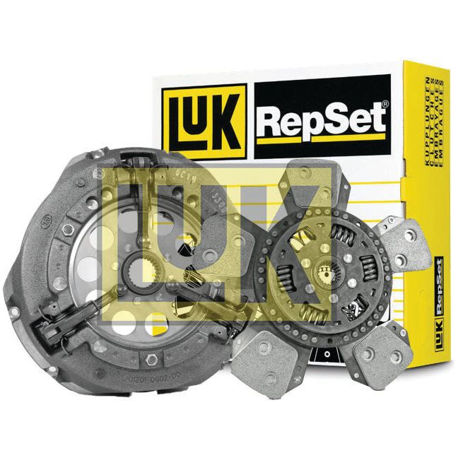 Clutch Kit without Bearings (S.147293) by Sparex featuring a pressure plate and cerametallic loose disc, displayed in front of a distinct yellow and white branded box labeled "LUK RepSet".