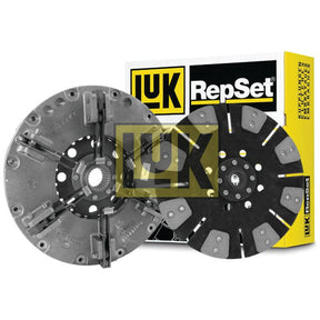 Two auto clutch components with mechanical parts, featuring a dual cover design, displayed in front of a yellow box labeled "Sparex Clutch Kit without Bearings - S.147312.